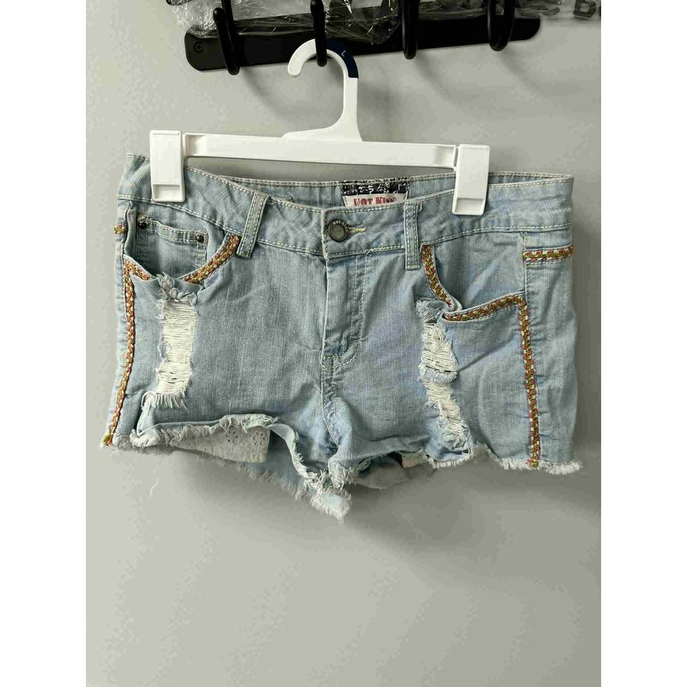 Hot Kiss Denim Shorts Distressed Frayed Hem Embellished Pockets Size 13 /‎ 34